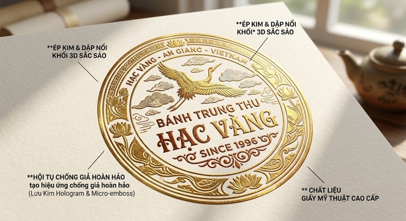 Chi tiết ép kim logo độc quyền chống hàng giả trên hộp bánh trung thu cứng
