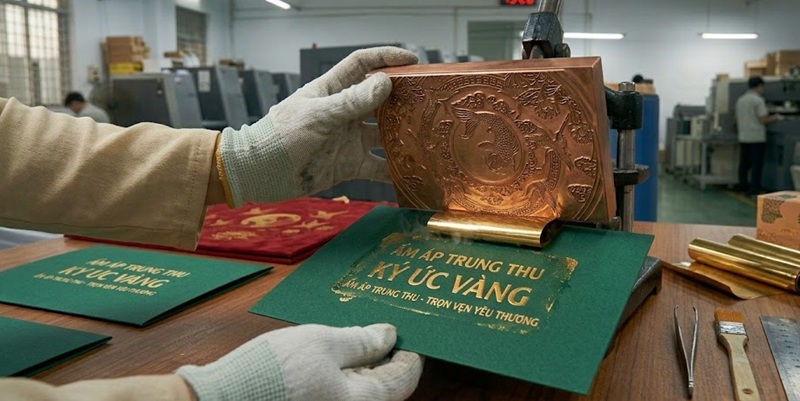 Quy trình gia công ép kim nhũ vàng chữ chúc mừng trên thiệp trung thu giấy mỹ thuật