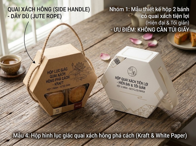 Hộp bánh trung thu 2 bánh hình lục giác độc đáo với thiết kế quai xách hông phá cách