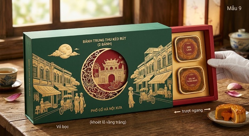 Hộp bánh trung thu 2 bánh kéo ngang in họa tiết phong cảnh phố cổ Sài Gòn Hà Nội hoài cổ