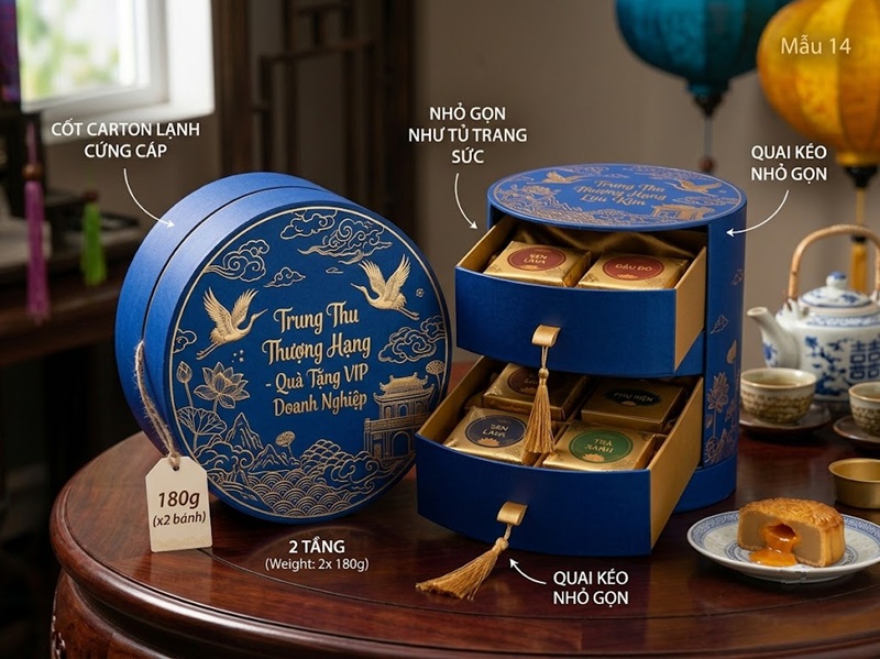 Hộp cứng bánh trung thu 2 bánh thiết kế 2 tầng kéo rút nhỏ gọn sang trọng như tủ trang sức hoàng cung