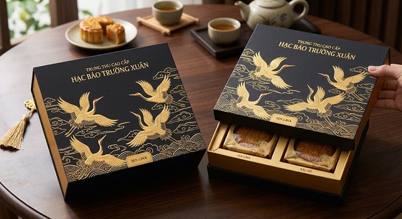 In hộp bánh trung thu 2 bánh bằng carton lạnh ép kim cao cấp