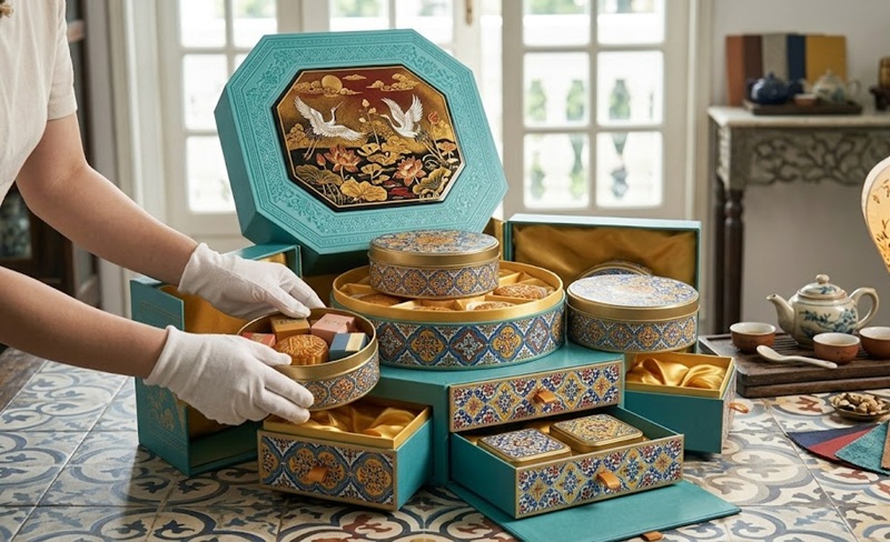 In hộp cứng bánh trung thu cao cấp phong cách Đông Dương Indochine với họa tiết gạch bông cổ và tranh sơn mài vẽ tay quý phái