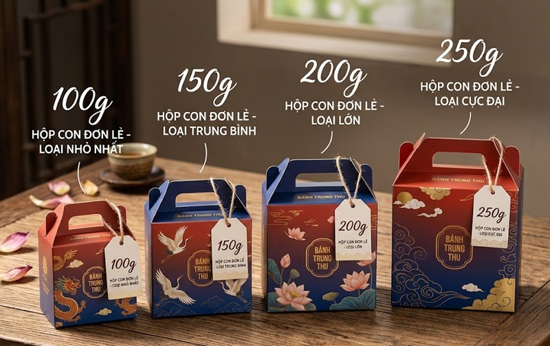 So sánh kích thước các mẫu hộp con đựng bánh trung thu từ 100g đến 250g