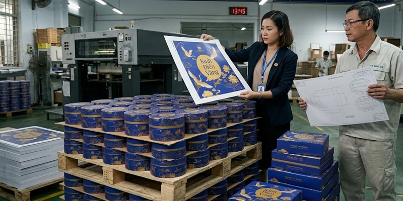 Kiểm tra độ đồng màu in ấn giữa vỏ hộp bánh trung thu thành phẩm và bản in test proof