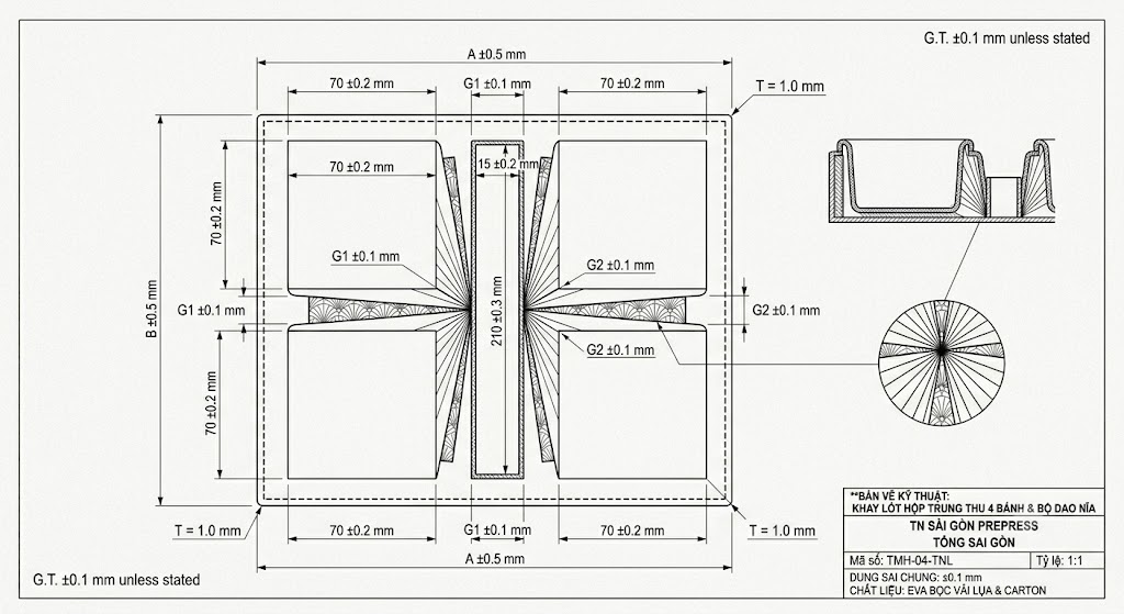 Bản vẽ layout thông số kỹ thuật thiết kế khay định vị chia ô hộp bánh trung thu