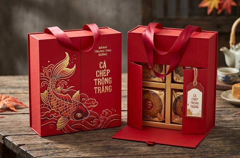 Mẫu thiết kế hộp bánh trung thu 2 bánh có quai xách màu đỏ hiện đại