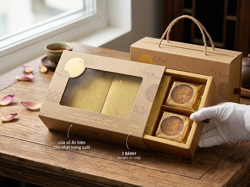 Mẫu hộp bánh trung thu 2 bánh bằng giấy Kraft kiểu kéo rút kết hợp cửa sổ kính chữ nhật trong suốt