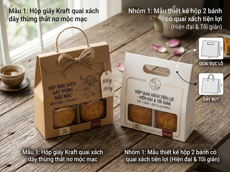 Mẫu hộp bánh trung thu 2 bánh bằng giấy Kraft có quai xách dây thừng thắt nơ mộc mạc