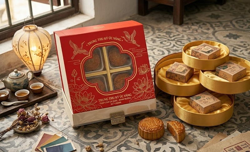 Mẫu hộp bánh trung thu 4 bánh giá rẻ bằng giấy Ivory cán màng mờ tinh tế