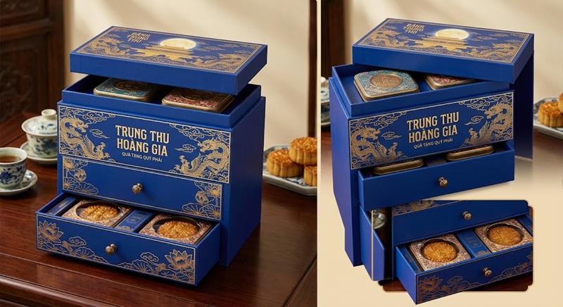 Mẫu in hộp bánh trung thu cứng carton lạnh dạng tầng cao cấp sang trọng