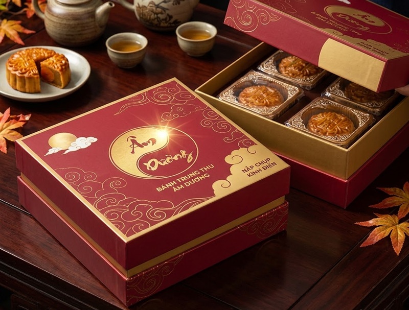 Mẫu in hộp bánh trung thu ép kim logo doanh nghiệp sang trọng