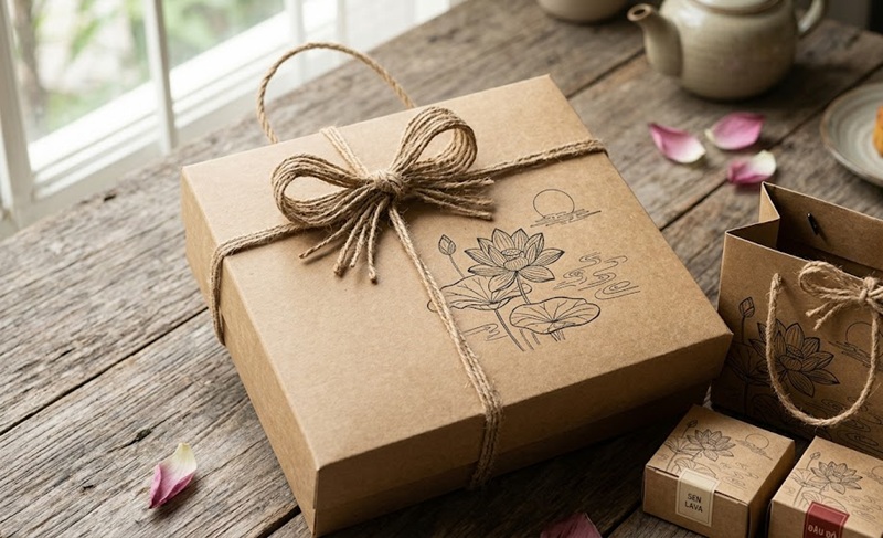 Mẫu hộp bánh trung thu giấy Kraft thiết kế phong cách vintage mộc mạc