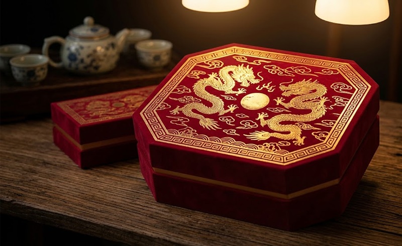 Mẫu thiết kế hộp bánh trung thu màu đỏ truyền thống mang lại may mắn và thịnh vượng