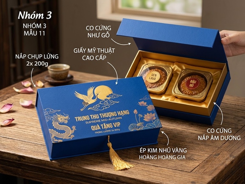 Mẫu hộp cứng bánh trung thu 2 bánh kiểu âm dương nắp chụp lửng ép kim logo vàng hoàng gia sang trọng
