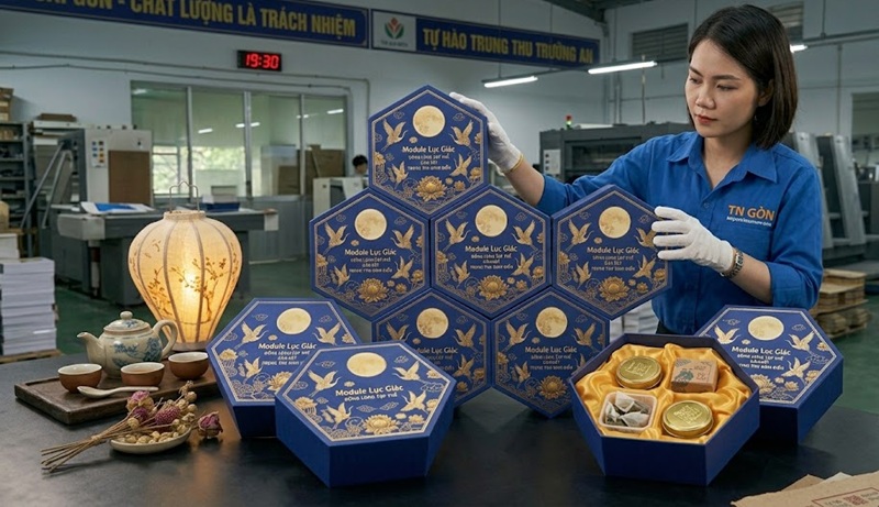 Mẫu hộp giấy bánh trung thu thiết kế module lục giác tổ ong gắn kết phù hợp làm quà tặng doanh nghiệp nội bộ
