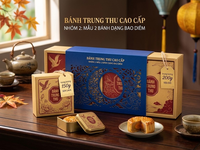 Mẫu in hộp bánh trung thu 2 bánh thiết kế kéo rút hai đầu đối xứng độc lạ và sáng tạo