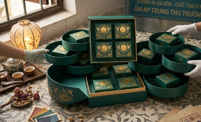 Mẫu in hộp bánh trung thu 4 bánh kiểu nắp mở hai bên cánh bướm độc lạ