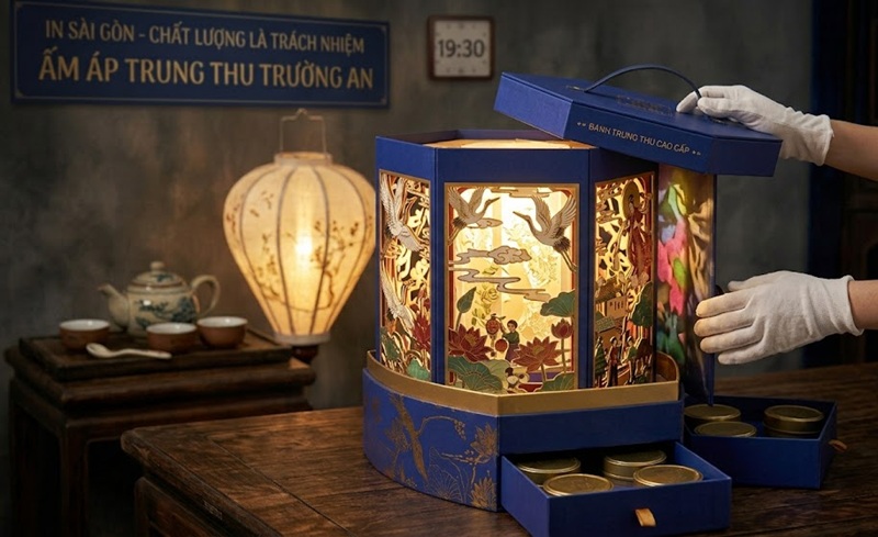 Mẫu in hộp bánh trung thu dáng đèn kéo quân cao cấp tích hợp đèn LED phát sáng lộng lẫy và hoa văn cắt laser tinh xảo
