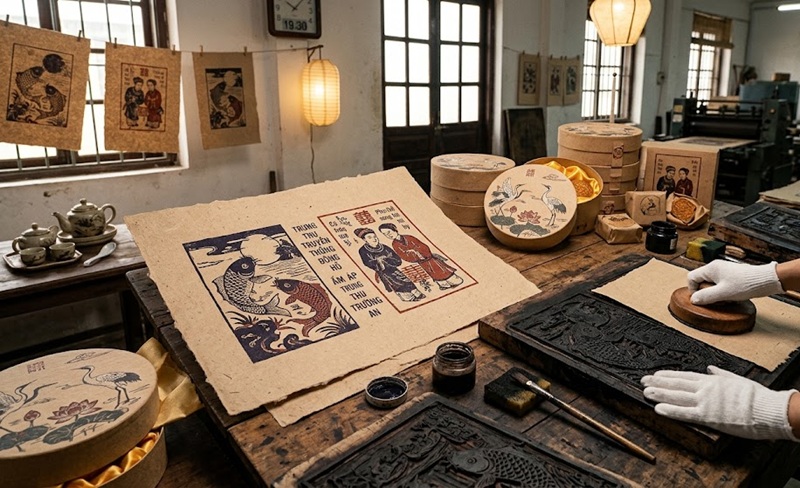 Mẫu in hộp bánh trung thu bằng giấy Kraft nhám phong cách tranh khắc gỗ dân gian Đông Hồ hoài cổ đậm đà bản sắc dân tộc