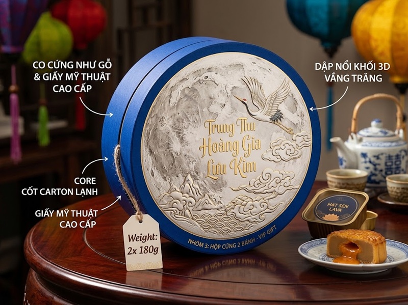 Mẫu in hộp bánh trung thu 2 bánh dáng tròn mô phỏng vầng trăng rằm dập nổi khối 3D tinh xảo và độc bản