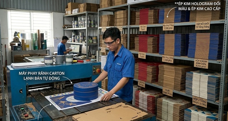 Quy trình phay rãnh carton lạnh sản xuất hộp cứng bánh trung thu cao cấp