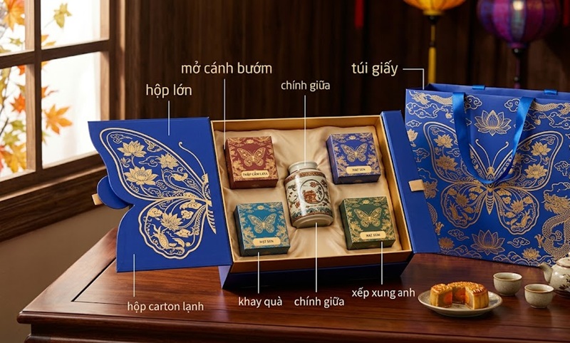 Set hộp bánh trung thu cao cấp có khay định hình chứa hộp trà đi kèm