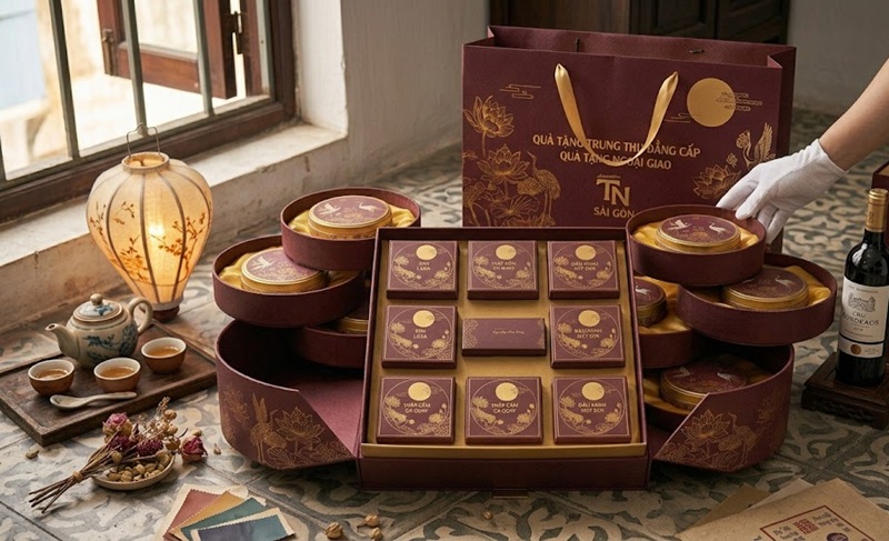 Set quà tặng trung thu sang trọng gồm 6 bánh và chai rượu vang thượng hạng