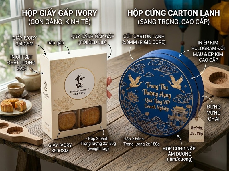 So sánh mẫu hộp giấy Ivory giá rẻ và hộp cứng carton lạnh cao cấp