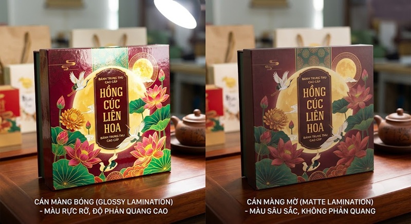 So sánh bề mặt hộp bánh trung thu cán màng bóng và màng mờ trực quan