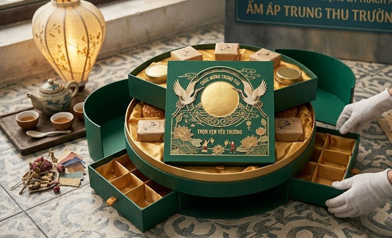 Thiệp chúc mừng Trung Thu đặt chỉn chu bên trong hộp quà tặng cao cấp của doanh nghiệp