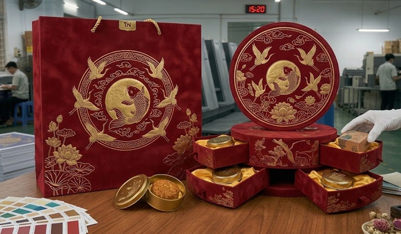 Thiết kế đồng bộ giữa túi giấy đựng và hộp bánh trung thu cao cấp nâng tầm thương hiệu