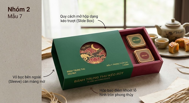 Thiết kế hộp bánh trung thu 2 bánh bao diêm cán màng mờ khoét lỗ hình tròn phong thủy tinh tế