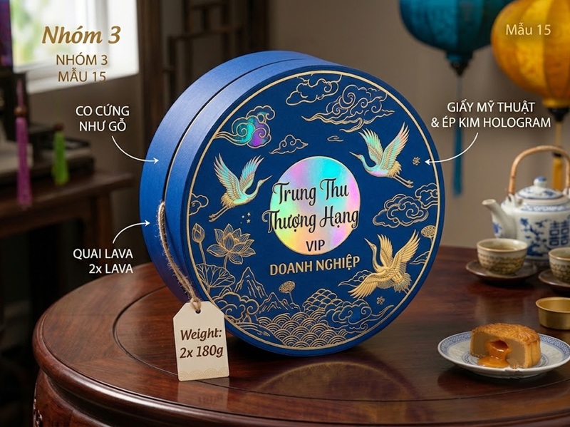 Thiết kế hộp bánh trung thu 2 bánh bồi giấy mỹ thuật cao cấp ép kim Hologram đổi màu thời thượng