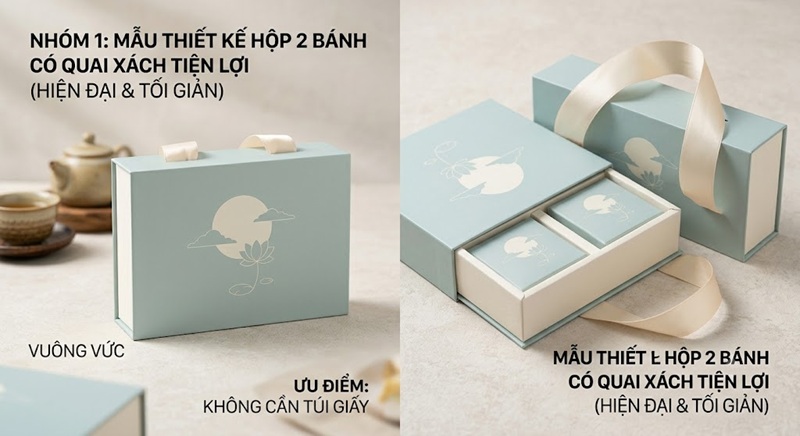 Thiết kế hộp bánh trung thu 2 bánh giấy Ivory phối quai lụa Satin màu pastel thanh lịch
