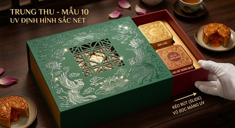 Thiết kế hộp bánh trung thu 2 bánh kéo rút phủ màng UV định hình hoa văn sắc nét cao cấp