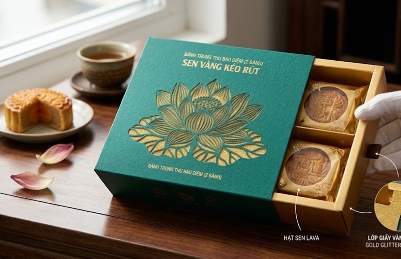 Thiết kế hộp bánh trung thu 2 bánh dạng kéo rút bao diêm độc đáo