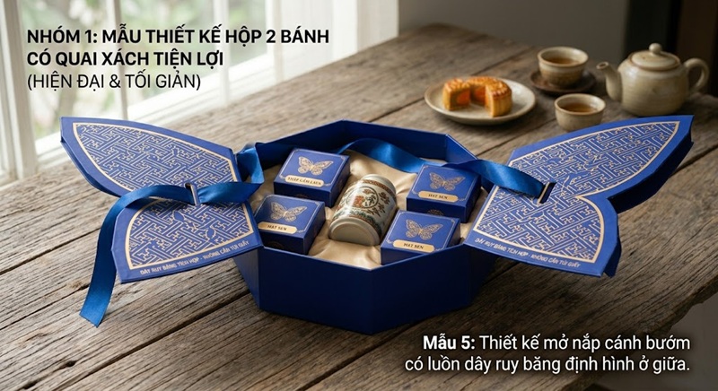 Mẫu hộp bánh trung thu 2 bánh mở nắp cánh bướm luồn dây ruy băng định hình tinh tế