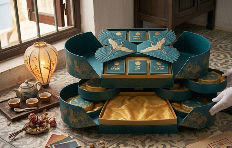 Thiết kế hộp bánh trung thu 3 tầng cao cấp nắp cánh bướm phối hộc kéo tinh xảo