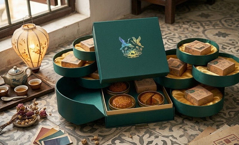 Thiết kế hộp bánh trung thu 4 bánh cao cấp bằng carton lạnh ép kim sang trọng