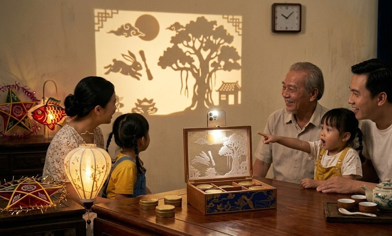 Thiết kế vỏ hộp bánh trung thu hiệu ứng cửa sổ bóng chiếu shadow chiêu ảnh thỏ ngọc lên tường độc lạ