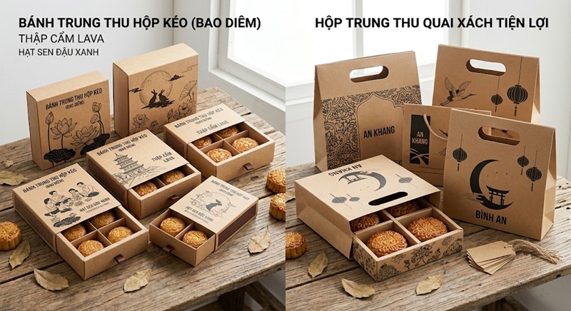 Thiết kế hộp bánh trung thu bằng giấy Kraft có quai xách dây thừng độc đáo