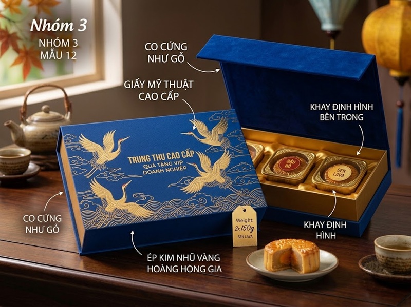 Thiết kế hộp bánh trung thu 2 bánh nam châm nắp lật phủ nhung lót khay định hình cao cấp cho doanh nghiệp